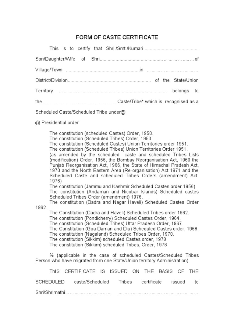 Central Government Caste Certificate Format | PDF | Dalit ...
