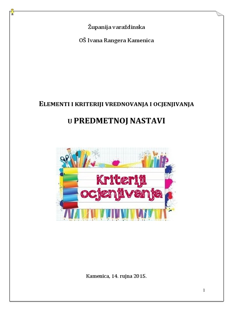 Kriteriji Ocjenjivanja Elementi Vrednovanja PN2015-16 | PDF