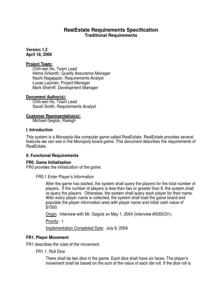 RealEstate Game Requirements Document | PDF | Renting | Software