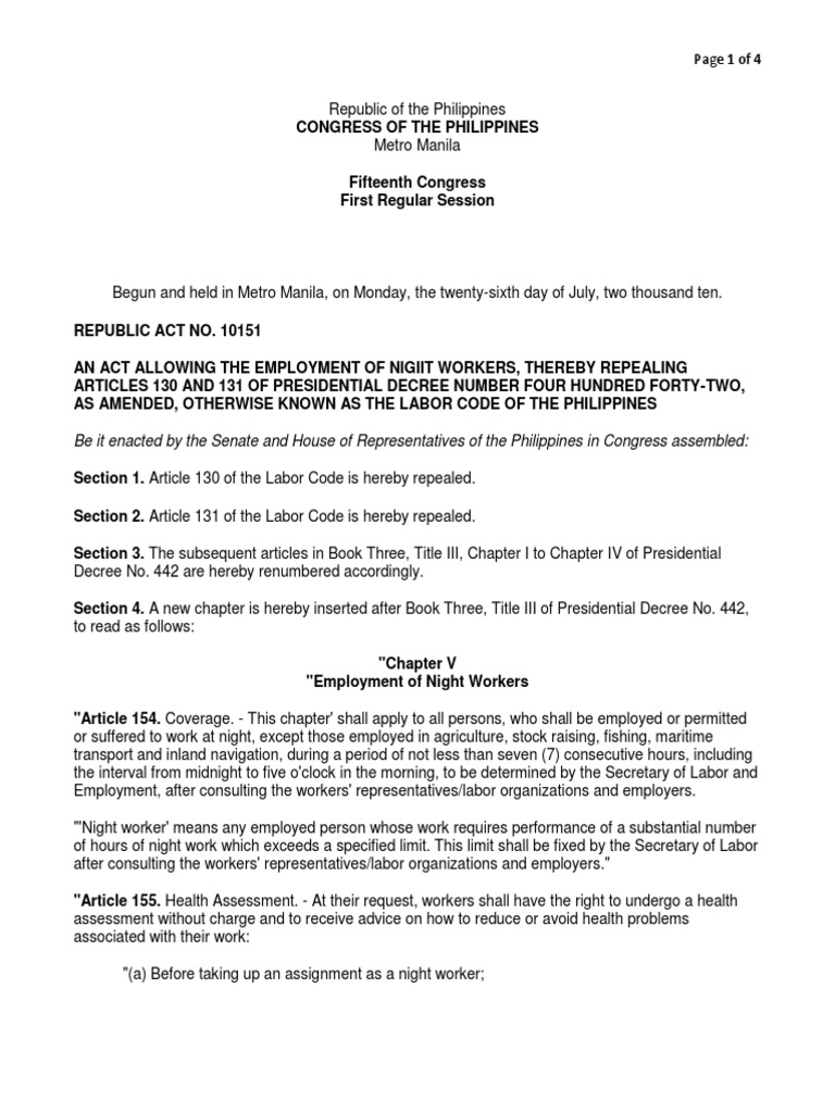 Night Work and Night Shift Differential (r.a. No. 10151) Welfare