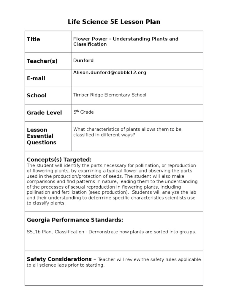 Life Science 5e Lesson Plan Flower Power | PDF | Flowers | Biological ...