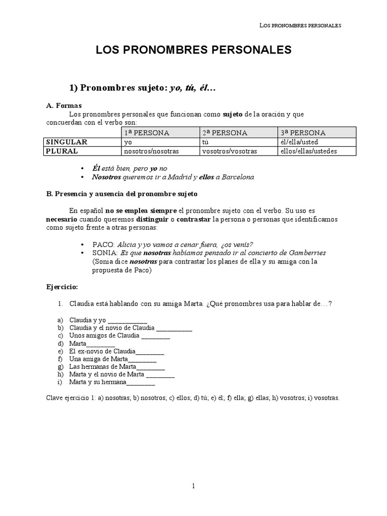2. Pronombres personales.pdf | Subject (Grammar) | Object (Grammar)