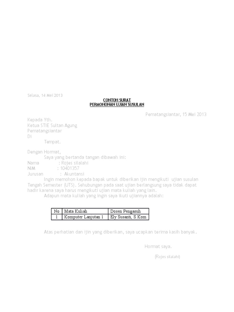 Contoh Surat Permohonan Ujian Susulan