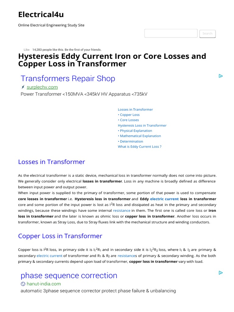 Hysteresis Eddy Current Iron or Core Losses and Copper Loss in ...