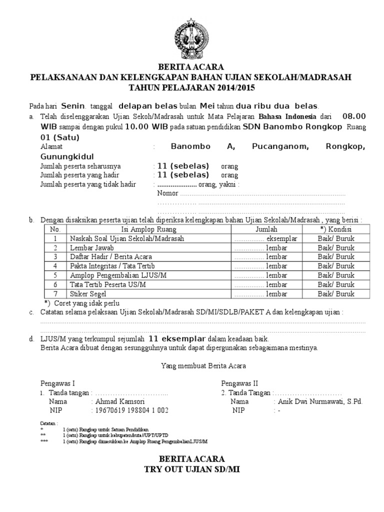Berita Acara Pelaksanaan Ujian