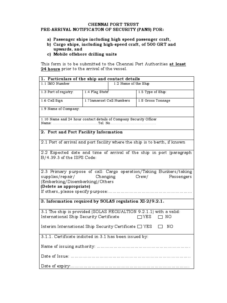 Chennai Port Pre-Arrival Security Notification | PDF | Watercraft | Oceans