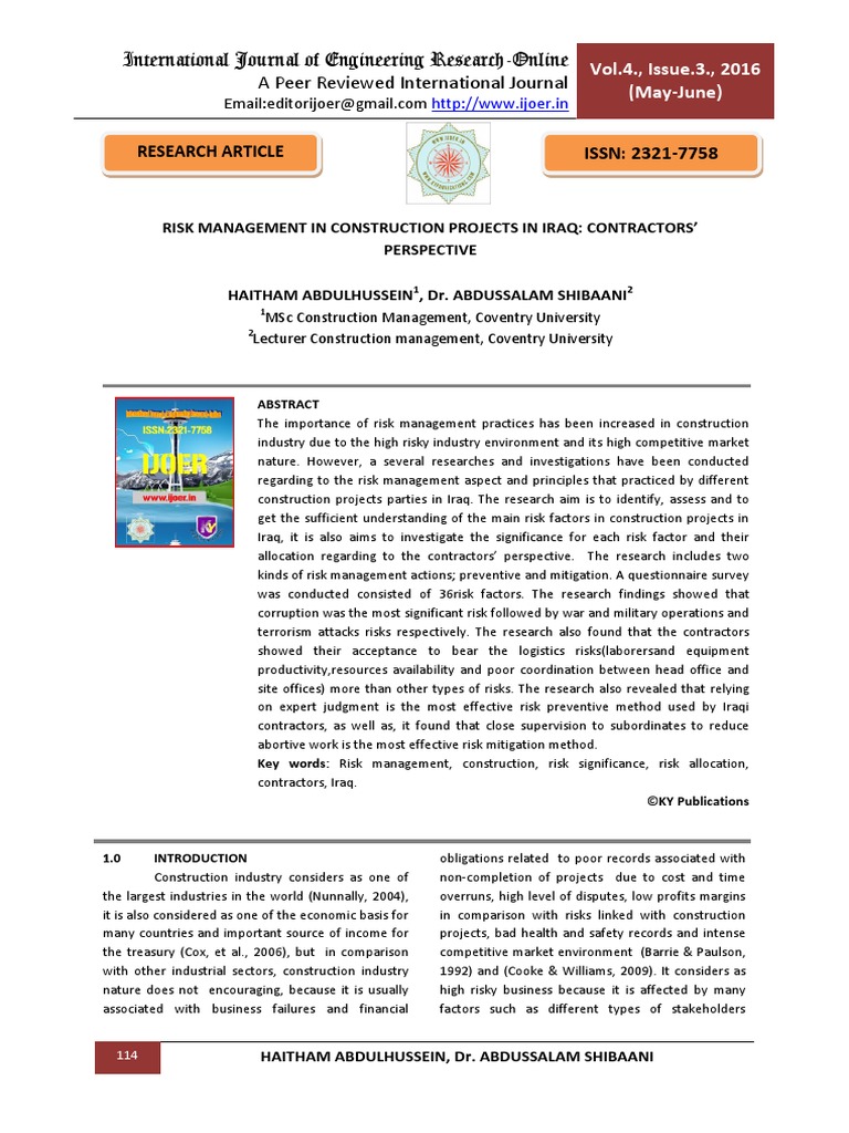 Risk Management in Construction Projects in Iraq: Contractors ...