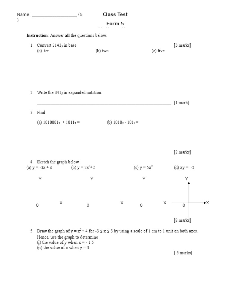 Class Test Form 5 Mathematic S: Name: - (5) | PDF | Teaching ...