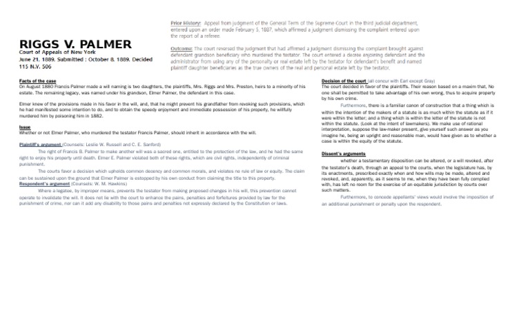Riggs v. Palmer Case Summary | PDF | Will And Testament ...