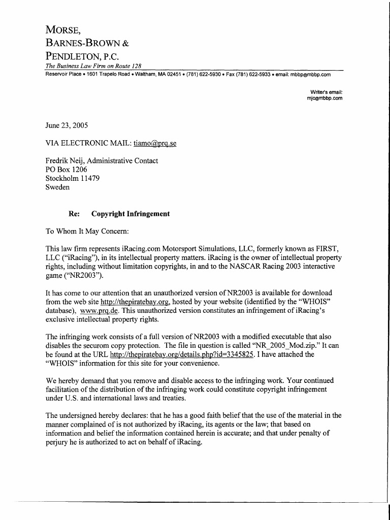 The Pirate Bay Take Down Letter