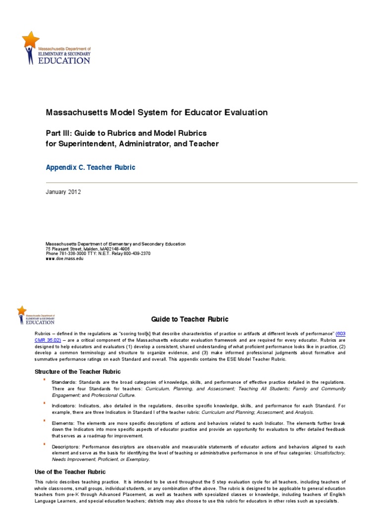 Teacher Observation Rubric Massachusetts PDF Educational Assessment