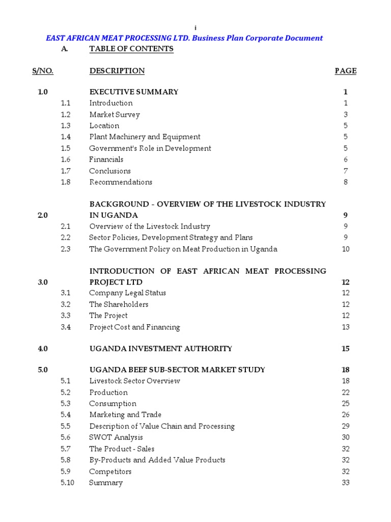 East African Meat Processing Ltd Business Plan (Table of Contents