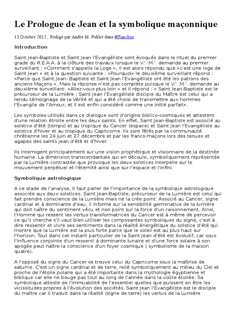 Rituel Saint Jean D Hiver Reaa Pdf Le Prologue de Jean Et La Symbolique Maçonnique | PDF | Franc-maçonnerie |  Incarnation (Christianisme)