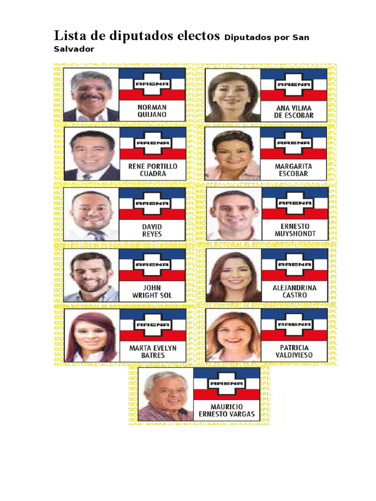 Lista de Diputados Electos Diputados Por San Salvador Bombero Hospital