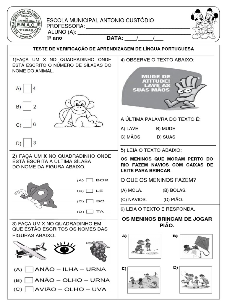 Prova de Português 1º Ano Fundamental | PDF | Estudos de Línguas ...