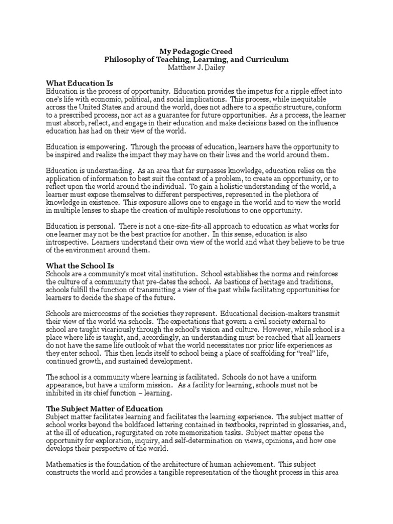 My Pedagogic Creed - Philosophy of Teaching Learning and Curriculum ...