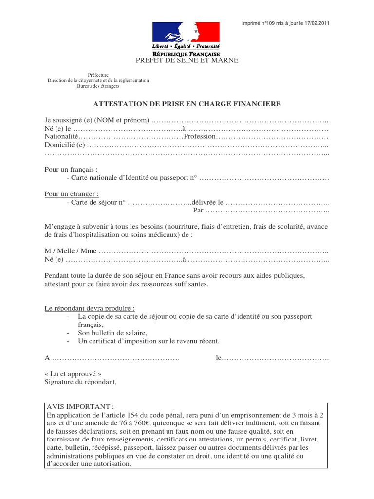 Attestation de Prise en Charge Financière | PDF | Droit
