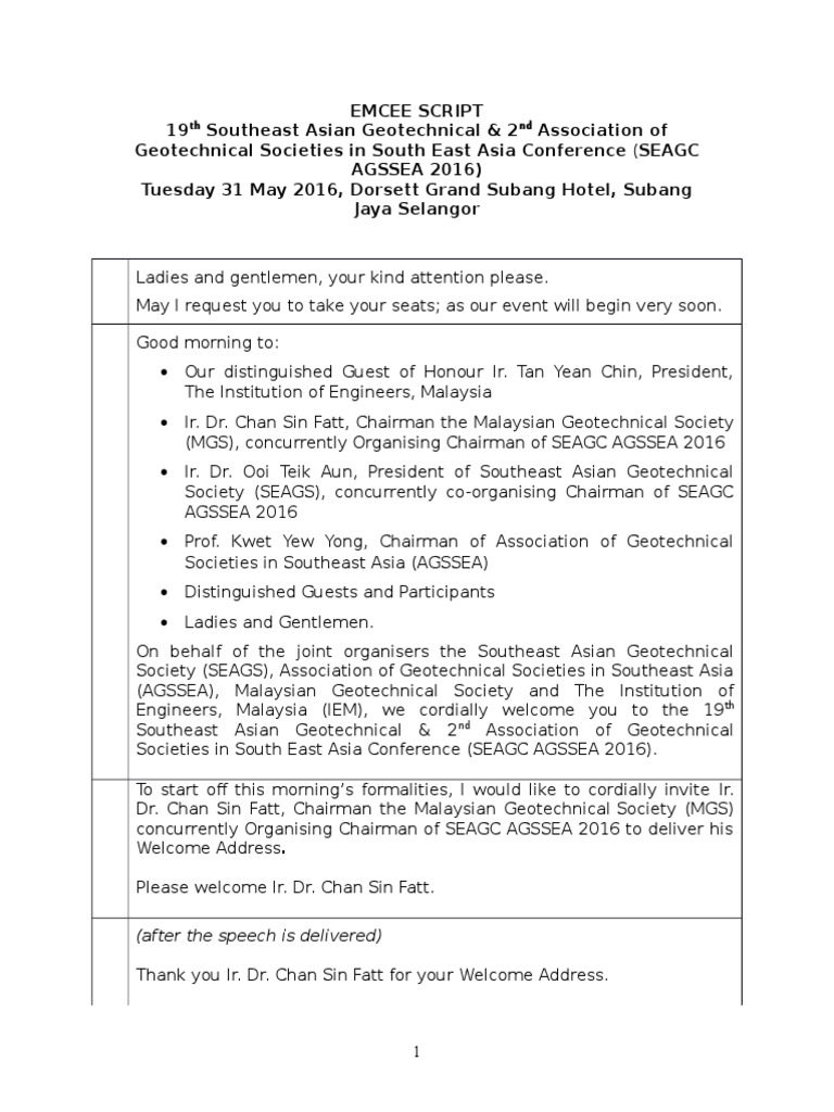Emcee Script Seagc 2016 Opening Ceremony Pdf