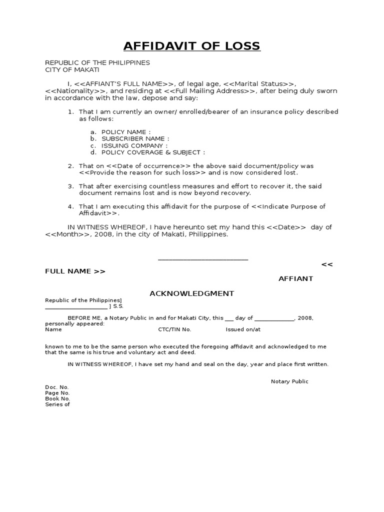 Affidavit of Loss Policy FORMAT Affidavit Notary Public