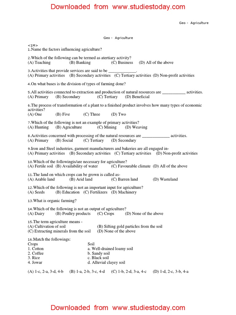 CBSE Class 8 Geography Worksheet - Agriculture | Intensive Farming