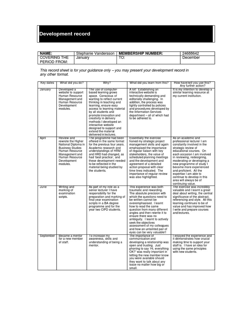 Cpd Record Plan Academic Example Pdf Human Resource Management Applied Psychology