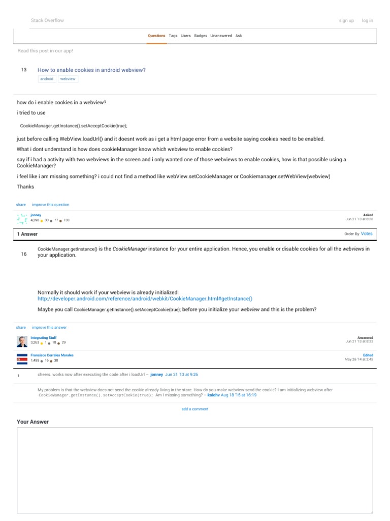 How To Enable Cookies In Android Webview Stack Overflow Pdf Pdf Http Cookie Internet Privacy