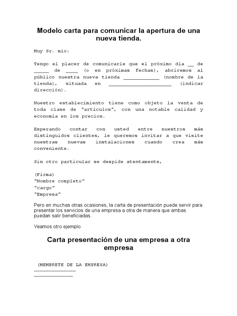 Modelo Carta Para Comunicar La Apertura de Una Nueva Tienda