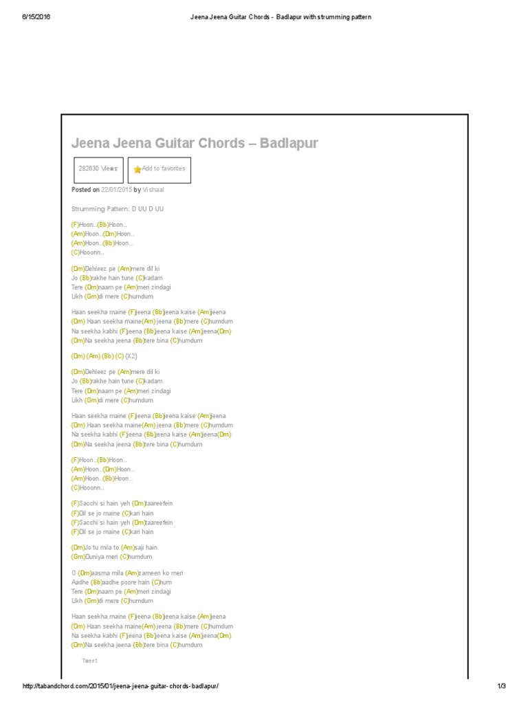 Jeena Jeena Guitar Chords Badlapur With Strumming Pattern Music Theory String Instruments scribd