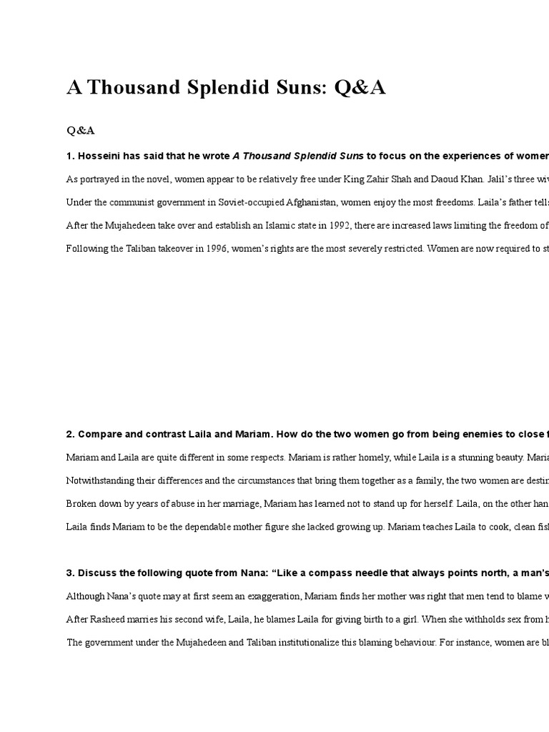 Key Characters in A Thousand Splendid Suns PDF Violence Religion