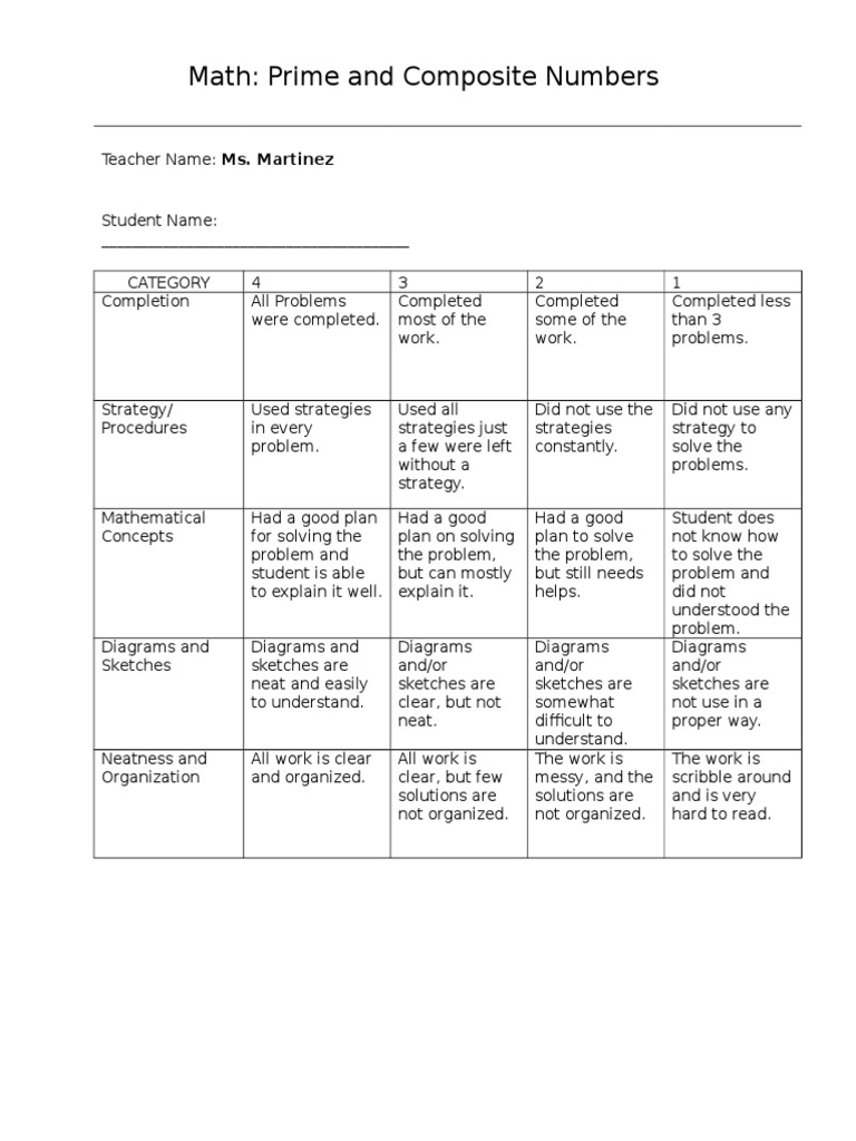 Math Rubric PDF Teaching Mathematics Cognition