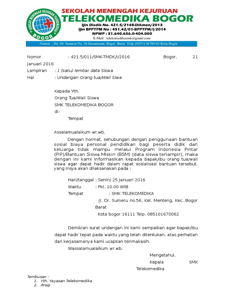 Contoh Surat Undangan Rapat Untuk Wali Murid