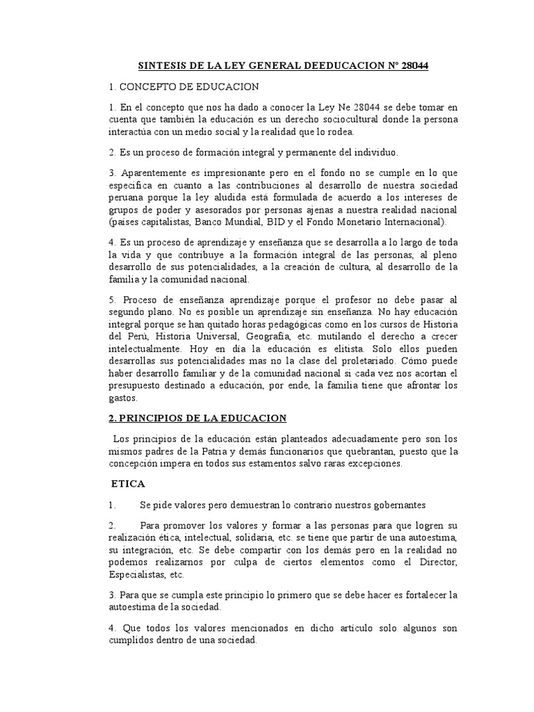 Análisis Crítico de la Ley de Educación 28044 | PDF | Libertad | Democracia