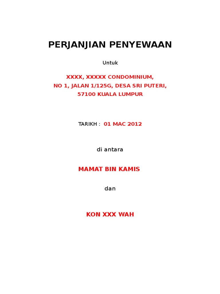 Tenancy Agreement Template Malay Pdf