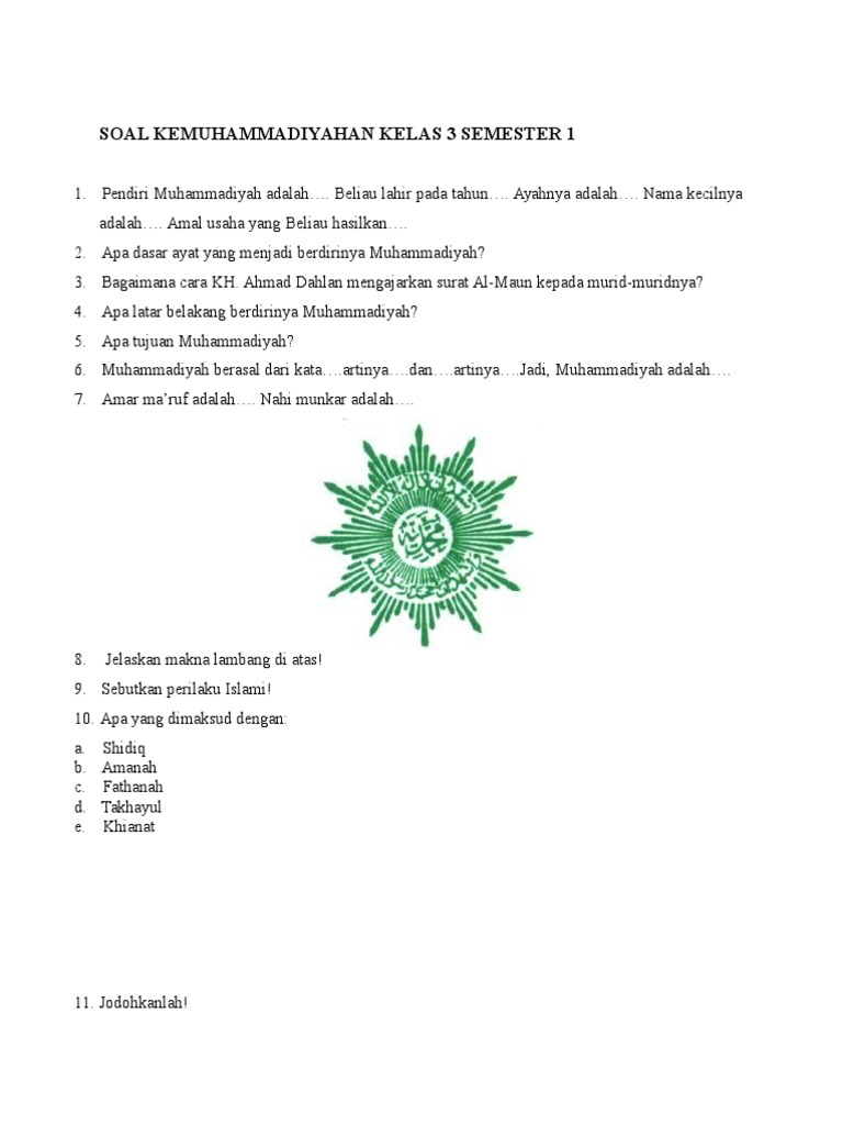 Soal Kemuhammadiyahan Kelas 3 Semester 1 Docx
