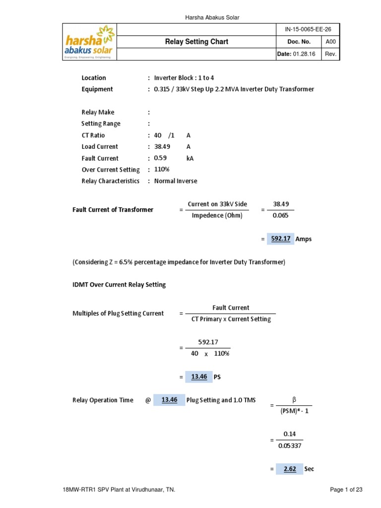 In 15 0065 EE 26 Relay Setting Chart Download Free PDF