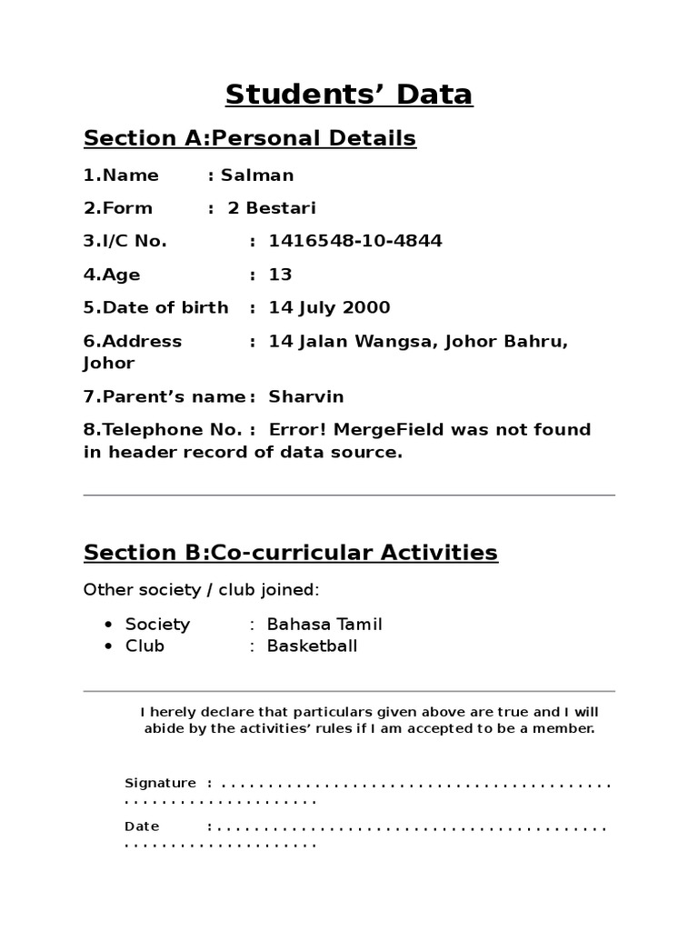 Students' Data: Section A:Personal Details | PDF | Career & Growth ...