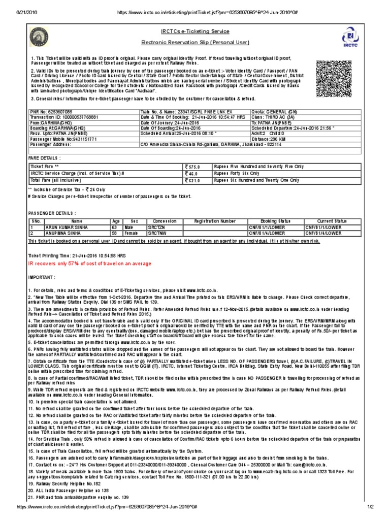 IRCTC e-Ticketing Guidelines | PDF | Identity Document | Ticket (Admission)