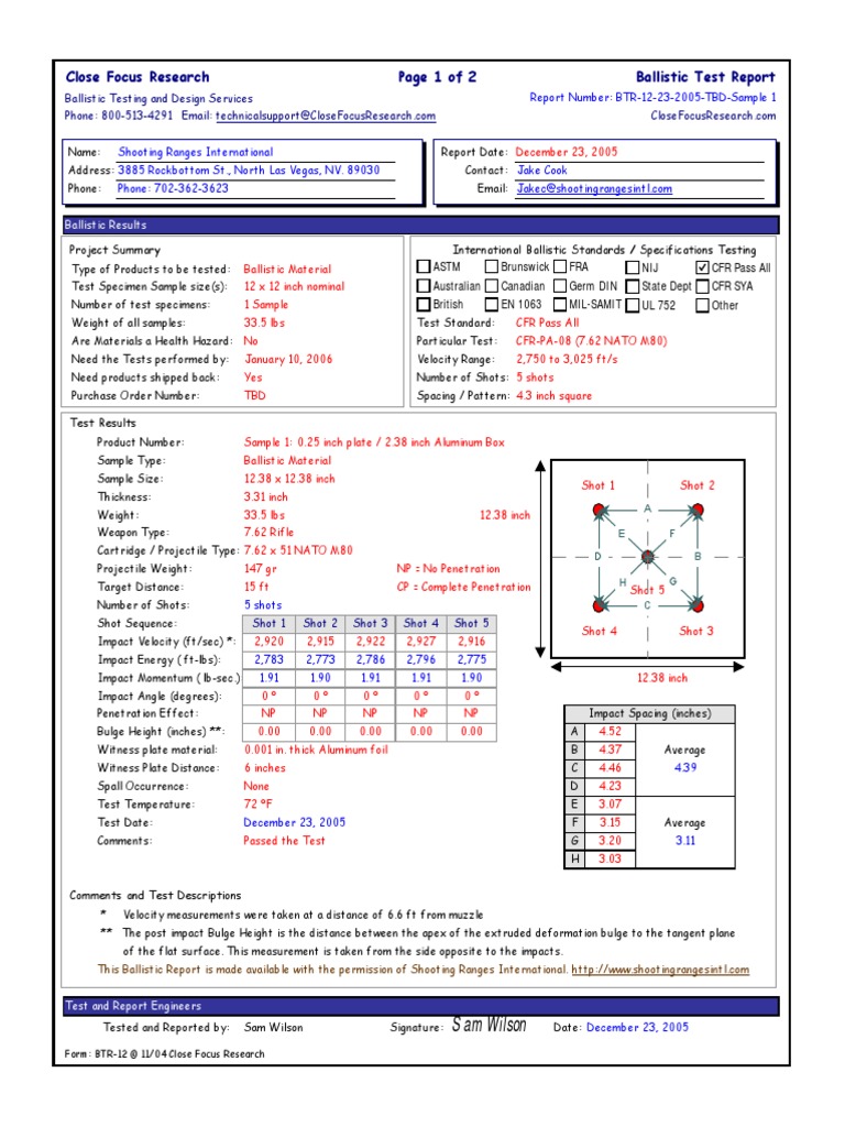 Sample 1 Ballistic Test Report Firearms Projectiles