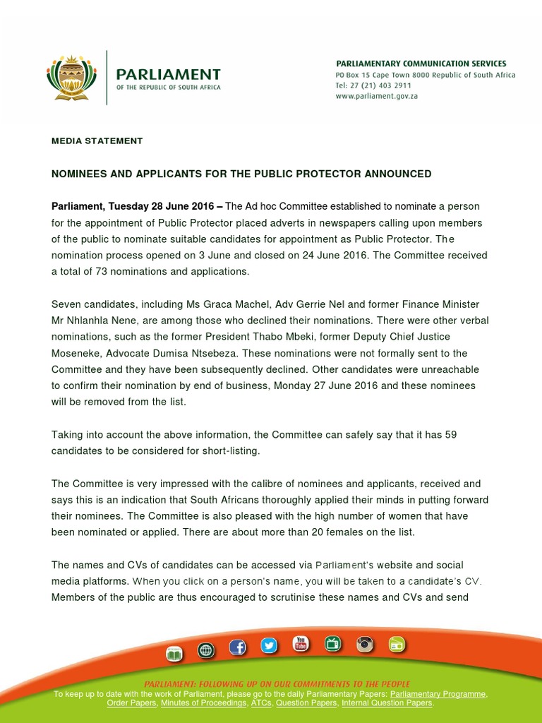 Public Protector Nominees Announced | PDF | Public Sphere | Government ...