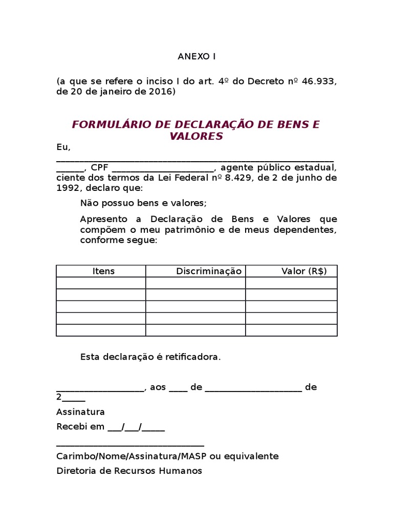 Declaração de Bens e Valores | PDF