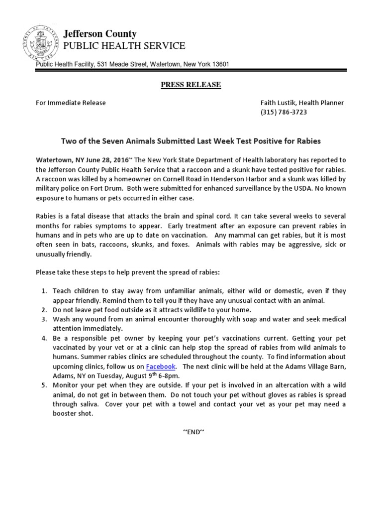 Two of The Seven Animals Submitted Last Week Test Positive For Rabies | PDF
