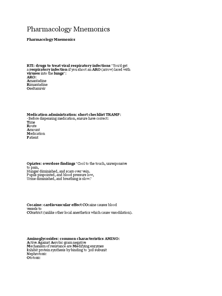 Mnemonics For Pharmacology | PDF | Opioid | Norepinephrine