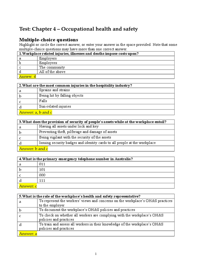 Health And Safety Multiple Questions Occupational Safety And Health Safety