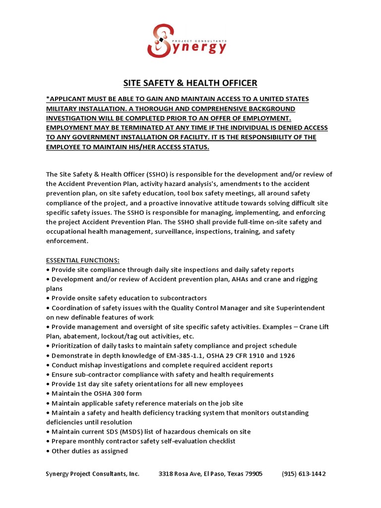 SSHO Job Description | Safety | Occupational Safety And ...