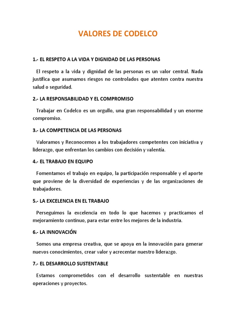 Politica de Codelco-Ava y Valores de Codelco | PDF