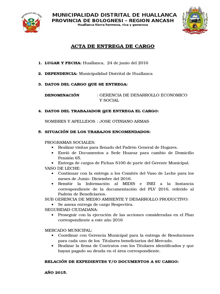 Acta de Entrega de Cargo Municipal | PDF | Hogar, jardinería y ...