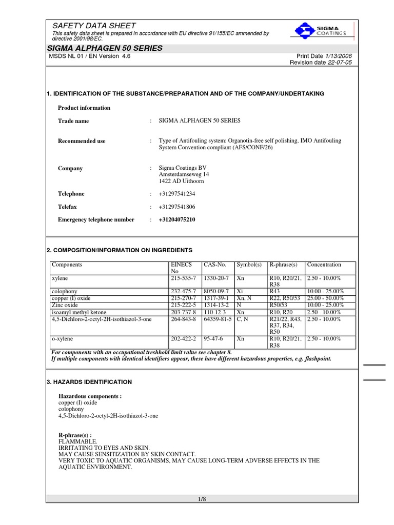 Msds Sigma Alphagen 50 Series Toxicity Carbon Dioxide