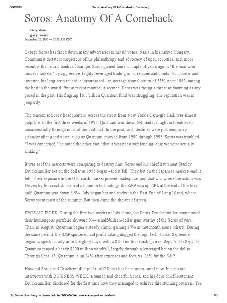 Soros - Anatomy of A Comeback (Bloomberg) | PDF | George Soros | Hedge Fund