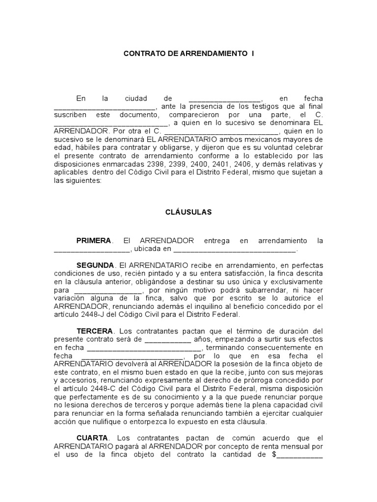 Contrato De Arrendamiento Alquiler Propiedad