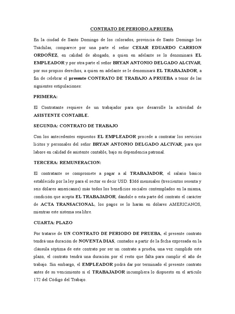 Contrato de Trabajo a Prueba Derecho laboral Información del Gobierno